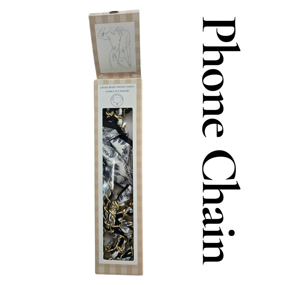 Crossbody Phone Chain Strap Black‎ White Floral Scarf Gold Aluminum Chic Trendy